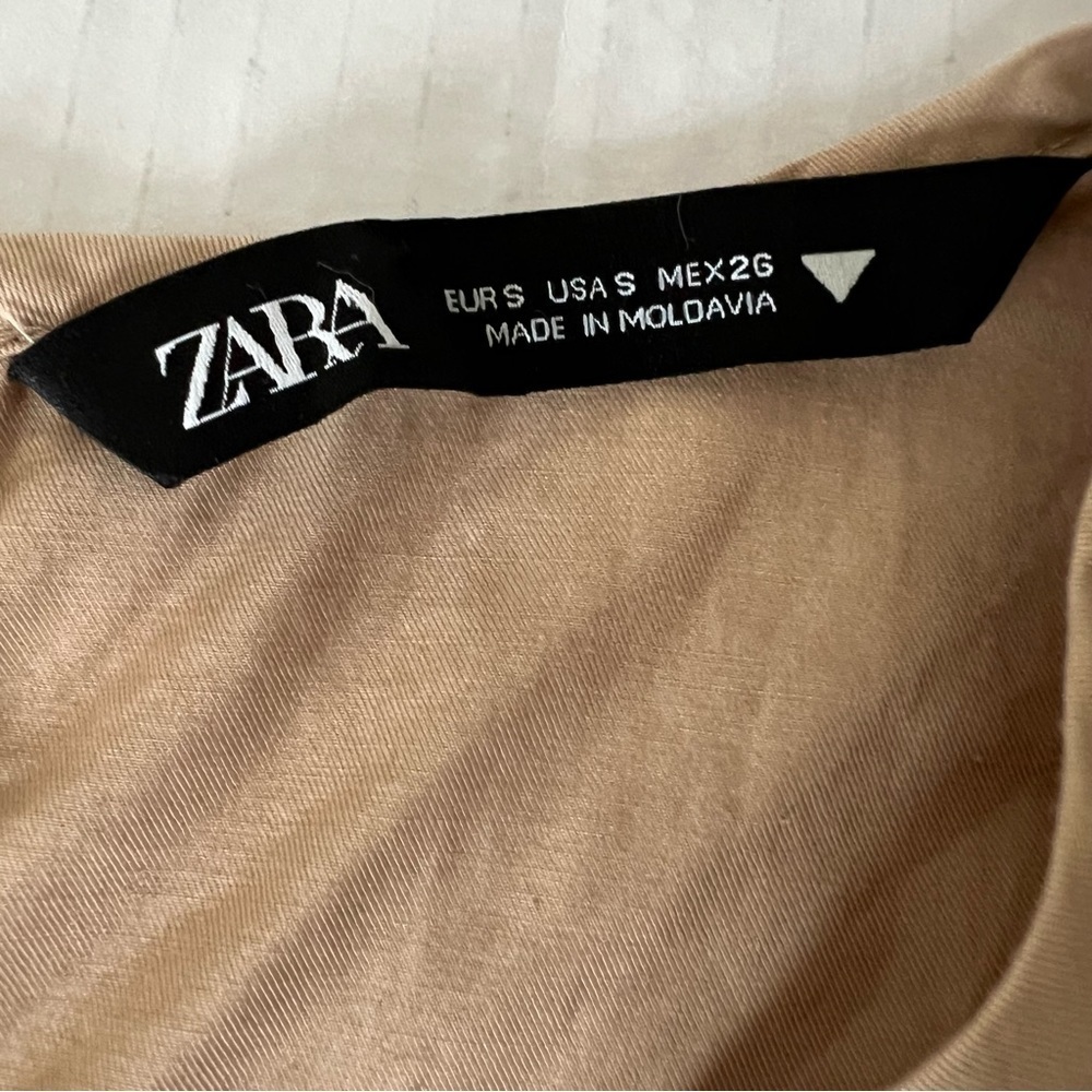 Zara Camel Tan Poplin Tiered Midi Dress Puff Sleeve Asymmetric Hem Pockets S - Picture 14 of 16